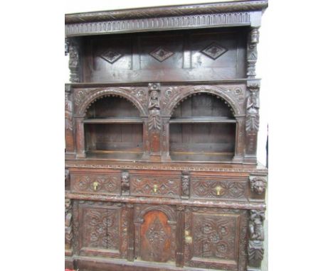 ANTIQUE FLEMISH CABINET, impressive cupboard and drawer base, carved oak open shelves cabinet, with figure support columns an