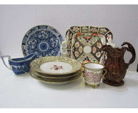TREACLE GLAZED STAFFORDSHIRE POTTERY HUNTING JUG, 18cms height; 3 Chamberlains, Worcester botanical painted dessert plates, C