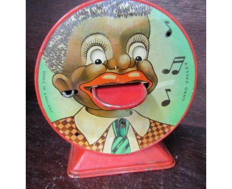MINSTREL MONEY BOX, red/blue lockable mechanical Chad Valley novelty box, model 101, with moving tongue to receive money (req