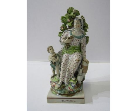 STAFFORDSHIRE PEARLWARE GROUP, by Ralph Wood "The Widdow", square base, bocage back and impressed maker's mark, 29cm height