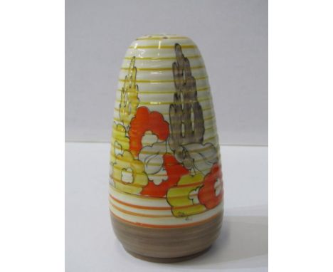 CLARICE CLIFF, "Capri" pattern Lynton shape sugar dredger, 13cm height