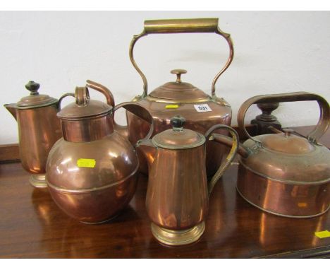 ANTIQUE COPPER KETTLE, together with a smaller kettle, a copper Jersey milk can and 2 copper jugs