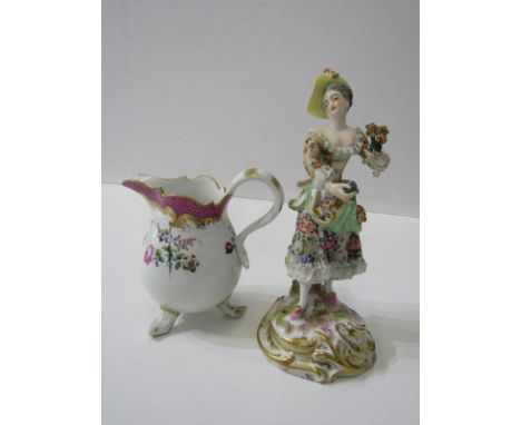 19th CENTURY MEISSEN CREAM JUG, floral spray decorated gilded cerise border on 3 scroll feet (rim restored) and cross sword s