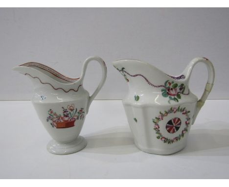 ENGLISH PORCELAIN, 2 New Hall helmet shaped cream jugs, 1 pattern no. 338 and crudely repaired handle