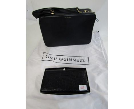 LULU GUINNESS, black leather zipped hand bag 34 cms width with cloth dust cover bag, also a similar black crocodile skin purs