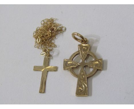 GOLD JEWELLERY, 9ct yellow gold celtic style cross, also a plated cross on 9ct fine link necklace, gold weight approx 2.9 gra