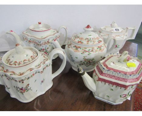 18th CENTURY ENGLISH PORCELAIN, collection of 5 various Georgian tea pots, probably New Hall, 2 with swan finials (some damag