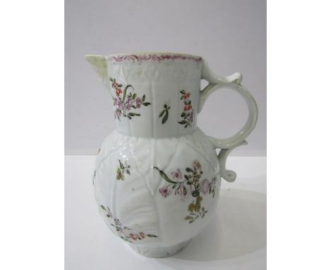 18TH CENTURY WORCESTER STYLE, Cabbage leaf jug, floral painted sprays and mask lip restored, 20cm height