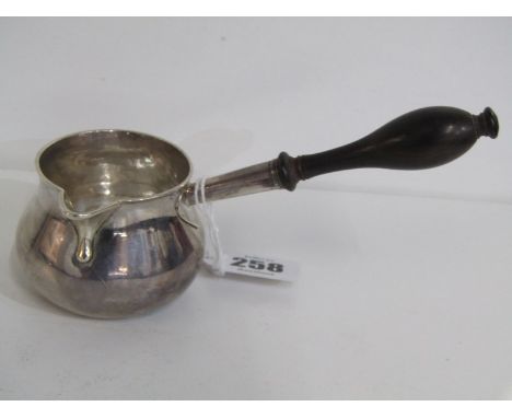 GEORGIAN SILVER BRANDY SAUCE PAN, indistinct assay marks with turned ebony handle 258 - good condition throughout