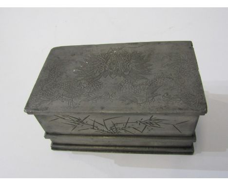 CHINESE PEWTER, pewter tobacco box, dragon decoration to lid, marked inside lid, "Kut Hing pewter-Swatow", 15cm width