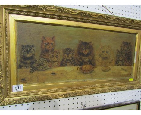 SCHOOL OF LOUIS WAIN, oil on board "The Cat's insect supper", 21cm x 50cm