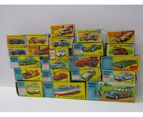 VINTAGE CORGI MODEL VEHICLES, shelf of vintage Corgi vehicles and Matchbox Superfast Series; Corgi Dolphin 20 Cruiser, no 104