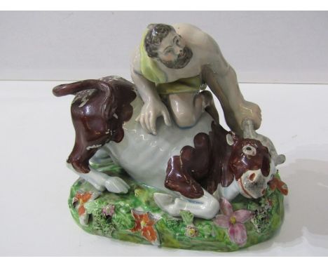 STAFFORDSHIRE PEARLWARE GROUP, "Hercules and the Bull", 14cm height (1 finger missing) 381 - Bull's tail re-glued and with re