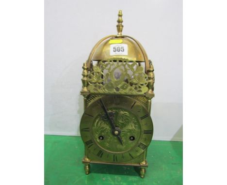 BRASS LANTERN CLOCK, with engraved dial and Roman numerals with pierced fish design decoration, 34cm height