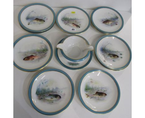 LIMOGES DESSERT SERVICE, set of 12 fish painted dessert plates, indistinctly signed, together with matching tureen