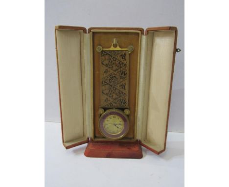CASED BOUDOIR CLOCK, gold faced Zenith travelling clock, suspended on cloth sash, in fitted cloth case, clock 7cm width, case