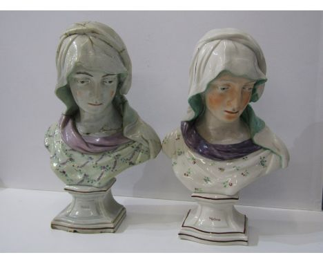 STAFFORDSHIRE CREAMWARE, pedestal bust of Madonna, probably Wood family, 37cm height; also similar bust but extensively resto