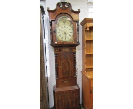 EARLY 19TH CENTURY 8 DAY LONGCASE CLOCK, painted break arch face with galleon and nocturnal phases, attractive brass inlaid a
