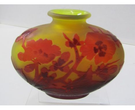 EMILE GALLE, red cameo flask vase decorated with apple blossom design and signed Galle, 9cm height 365 - the lip appears to h
