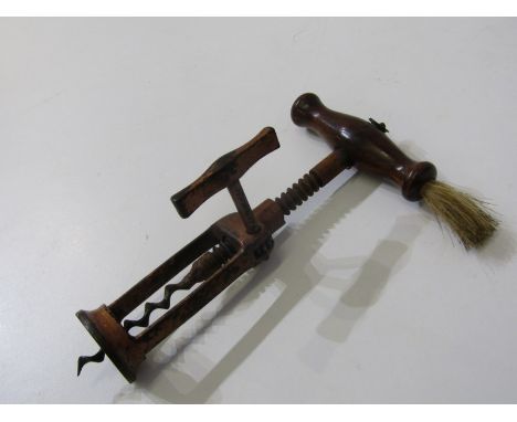 TWIN PILLAR CORKSCREW, 19th Century wood and brush handled, side winding corkscrew, 18cm height