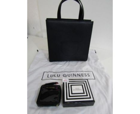 LULU GUINNESS, black leather handbag 38cms height, with cloth dust cover bag, also clutch purse in original box