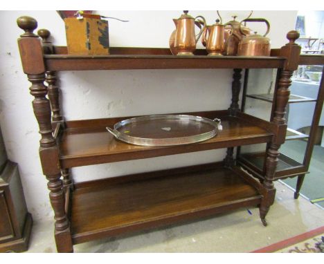 EDWARDIAN MAHOGANY 3 TIER BUFFET, baluster column supports and original castors, 120cm width