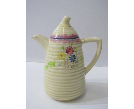 CLARICE CLIFF, "Lynton" shape coffee pot &amp; lid with simple floral decoration, 19cm height