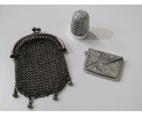 SILVER ENVELOPE DESIGN PENDANT STAMP HOLDER; also silver thimble and sovereign purse 