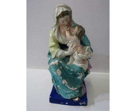 STAFFORDSHIRE CREAMWARE, Enoch Wood square based figure, 'Madonna and Child' 33cm height (some areas of paintwork worn)