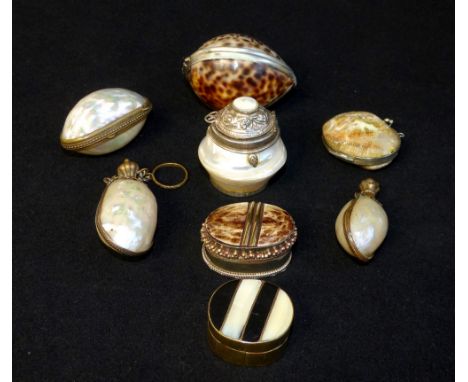 Shell and mother-of-pearl trinket pots, inkwell, and scent bottles. (8)