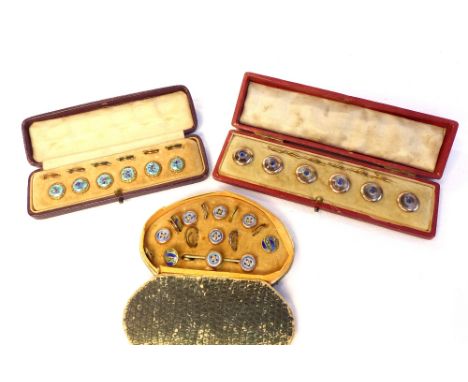 Shirt / cuff buttons, cased set of six with enamel floral decoration, a set with mother-of-pearl roundel and jeweled centre, 