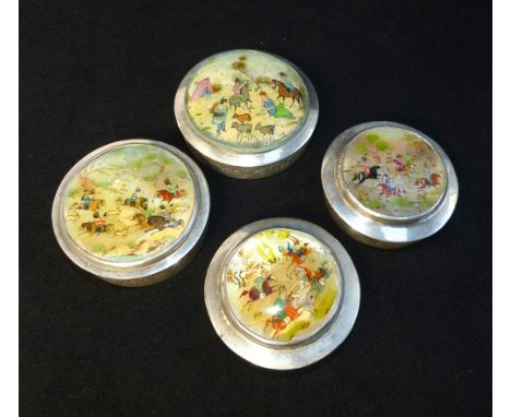 Set of four Persian trinket boxes, mother-of-pearl insert to lid painted in the traditional scenes of hunting, camp life and 