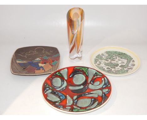 Poole Pottery Aegean shallow bowl, D. 27cm, a Poole Pottery Brownsea Island map dish, a Norwegian Fiskware enamelled plate, a