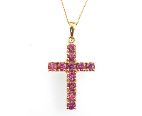9ct yellow gold, pink sapphire cross pendant, suspended on a 9ct yellow gold chain