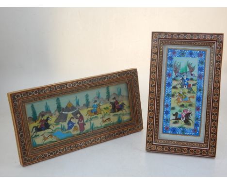 Two Persian watercolours depicting hunting scenes, set inlaid frames, smallest 18x8cm