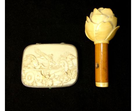 A late 19th century ivory and white metal card case, the hinged top with nude in horse and carriage, together with an 19th ce