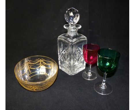 Collection of Victorian and later Cranberry and green glass wines, a spirit decanter and stopper and a gilt decorated dish on