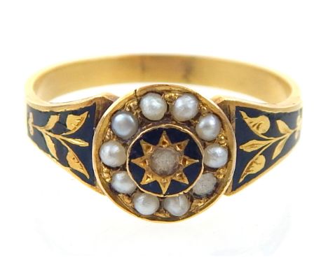 Georgian memorial ring, black enamel with seed pearls, unmarked gold band. 