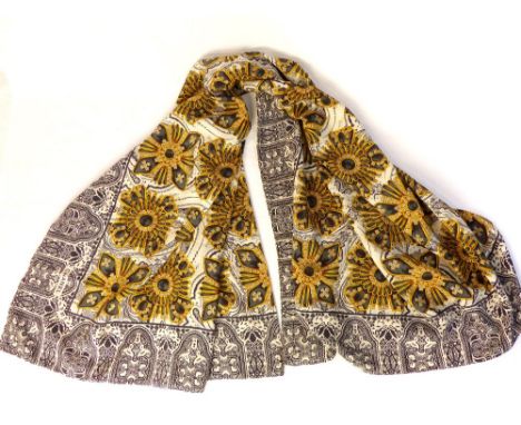 Chanel silk scarf, decorated with gilt and black floral and foliage on ivory ground 133 x 133cm