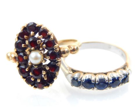 Ruby and pearl cocktail ring on 9ct gold band, and an 18ct white gold and sapphire ring
