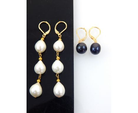 Pair of black pearl and 14ct yellow gold drop earrings, and a pair of 14ct yellow gold pearl drop earrings