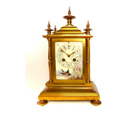 French late Napoleon III brass mantel clock, five flame spikes above ceramic dial decorated with landscape and birds, and cer