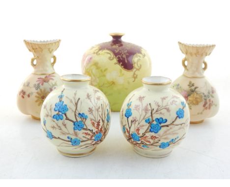 A pair of Worcester vases of bag form, decorated with flowers on a blush ground, and another pair of vases and a single Germa