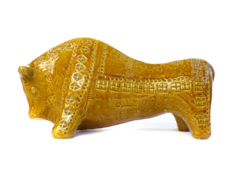 Bitossi ceramic bull, Italian toffee glaze, 30cm l