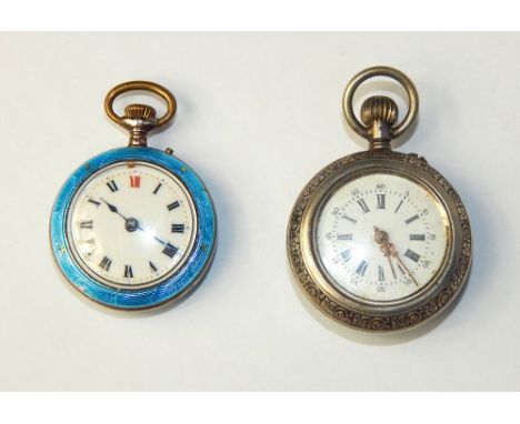 Two ladies fob watches; early 20th C guilloche pale blue enamel decoration, one with stars the other floral trailing, Roman n