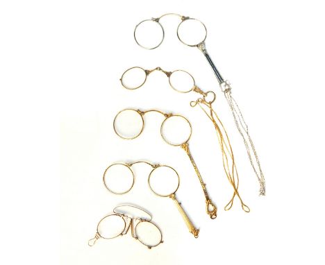 Lorgnettes and a pair of folding pince nez reading glasses, five pairs including a 9ct gold chain