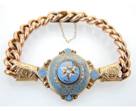 Victorian bracelet, 9ct gold curb link, enamel roundel with points and diamond.
