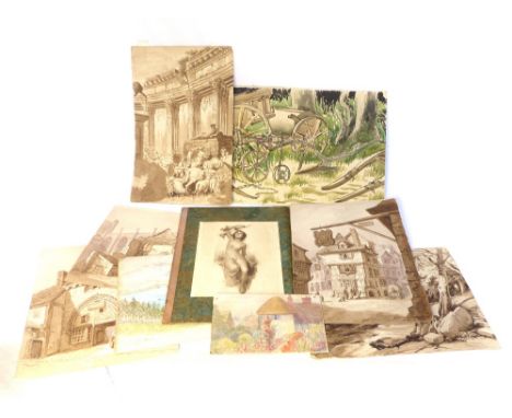 Quantity of watercolour studies, sepia architectural and an agricultural study of a plough by James King ?, 32 x 48.5cm, and 