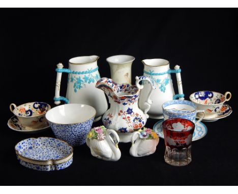 Spode trinket dish, Bohemian ruby flash tumbler, moustache cup, and other ceramics, including floral posies (qty)