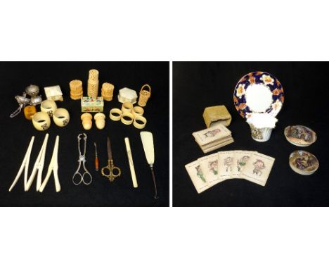 Ivorine napkin rings, bamboo form trinket pots, basket form sewing item holders, glove stretchers, acorn thimble cases, trink